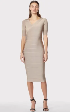 Dresses-Hervé Léger ASYMMETRIC STRAPPY ICON DRESS TAUPE