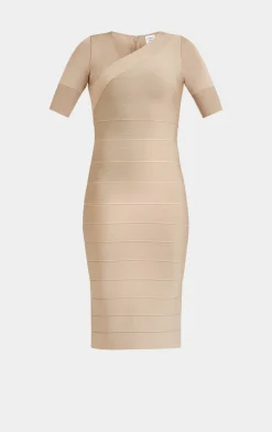Dresses-Hervé Léger ASYMMETRIC STRAPPY ICON DRESS TAUPE