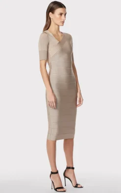 Dresses-Hervé Léger ASYMMETRIC STRAPPY ICON DRESS TAUPE