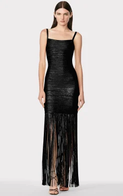 Dresses|Gowns-Hervé Léger BANDED FOIL FRINGE GOWN BLACK FOIL