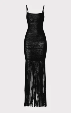 Dresses|Gowns-Hervé Léger BANDED FOIL FRINGE GOWN BLACK FOIL