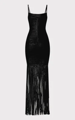Dresses|Gowns-Hervé Léger BANDED FOIL FRINGE GOWN BLACK FOIL