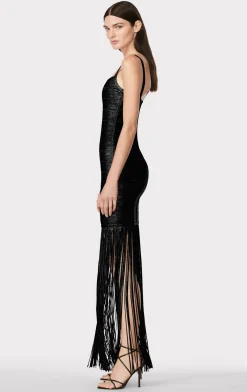 Dresses|Gowns-Hervé Léger BANDED FOIL FRINGE GOWN BLACK FOIL