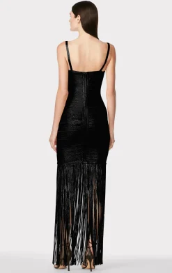 Dresses|Gowns-Hervé Léger BANDED FOIL FRINGE GOWN BLACK FOIL