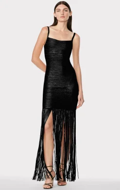 Dresses|Gowns-Hervé Léger BANDED FOIL FRINGE GOWN BLACK FOIL