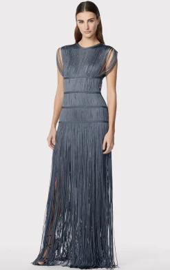 Dresses|Gowns-Hervé Léger BANDED FRINGE GOWN CHARCOAL