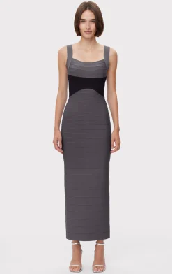 Dresses|Gowns-Hervé Léger COLORBLOCKED BANDAGE GOWN IRON BLACK