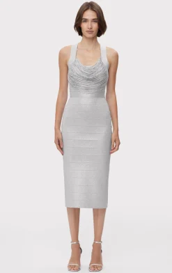 Dresses-Hervé Léger DISCO KNIT FRINGE MIDI DRESS METALLIC SILVER