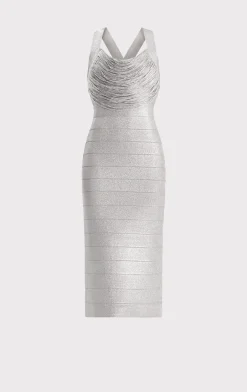 Dresses-Hervé Léger DISCO KNIT FRINGE MIDI DRESS METALLIC SILVER