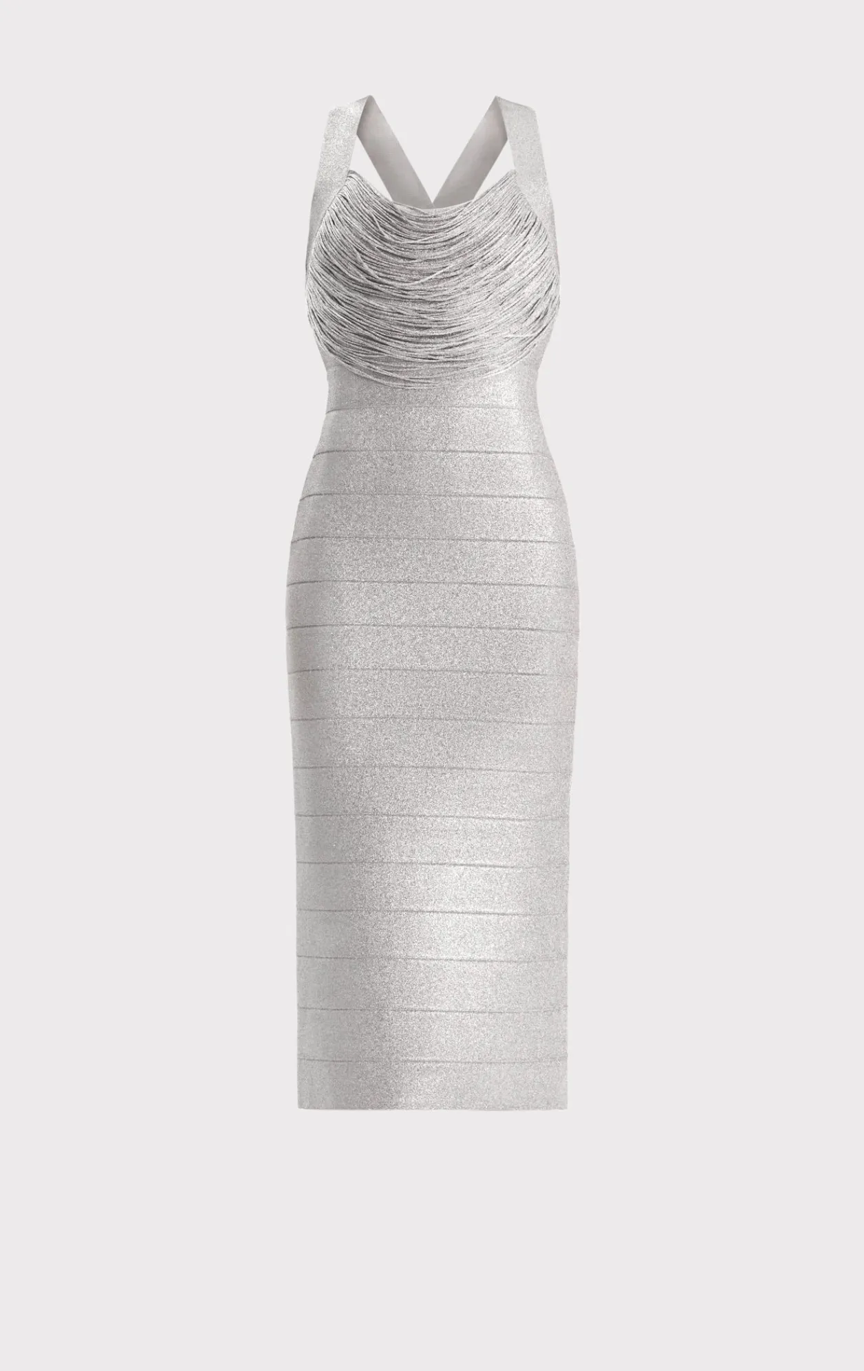 Dresses-Hervé Léger DISCO KNIT FRINGE MIDI DRESS METALLIC SILVER