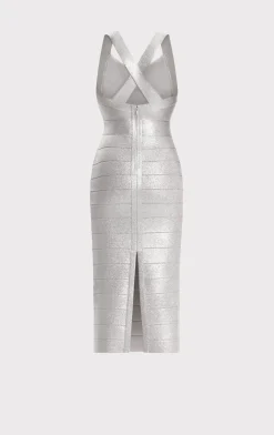 Dresses-Hervé Léger DISCO KNIT FRINGE MIDI DRESS METALLIC SILVER
