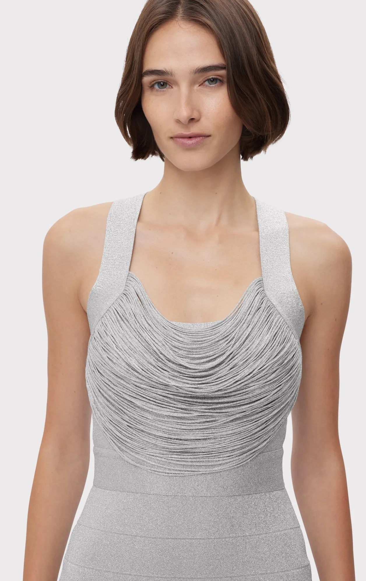 Dresses-Hervé Léger DISCO KNIT FRINGE MIDI DRESS METALLIC SILVER