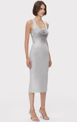Dresses-Hervé Léger DISCO KNIT FRINGE MIDI DRESS METALLIC SILVER