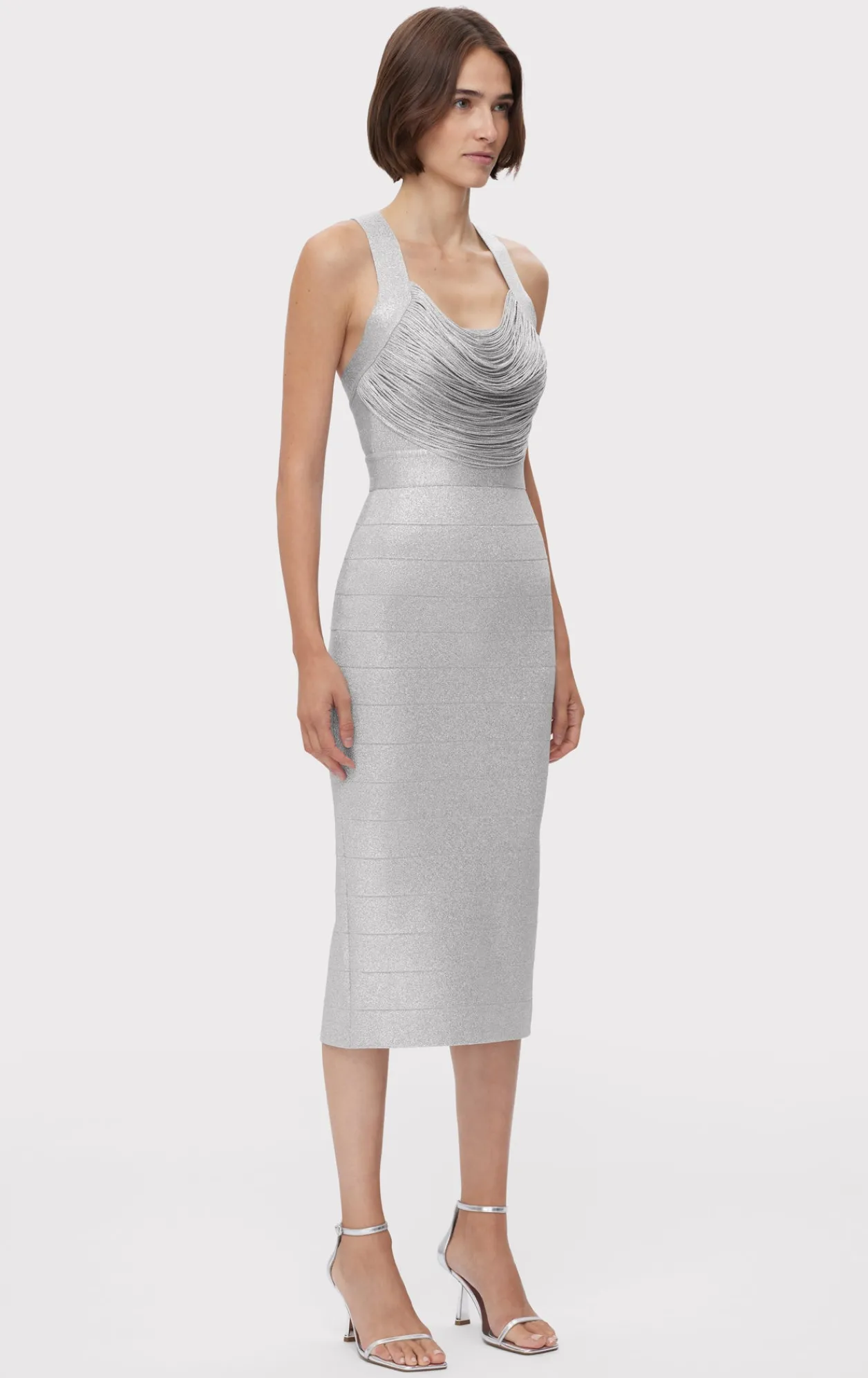 Dresses-Hervé Léger DISCO KNIT FRINGE MIDI DRESS METALLIC SILVER