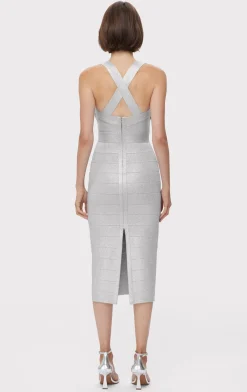 Dresses-Hervé Léger DISCO KNIT FRINGE MIDI DRESS METALLIC SILVER