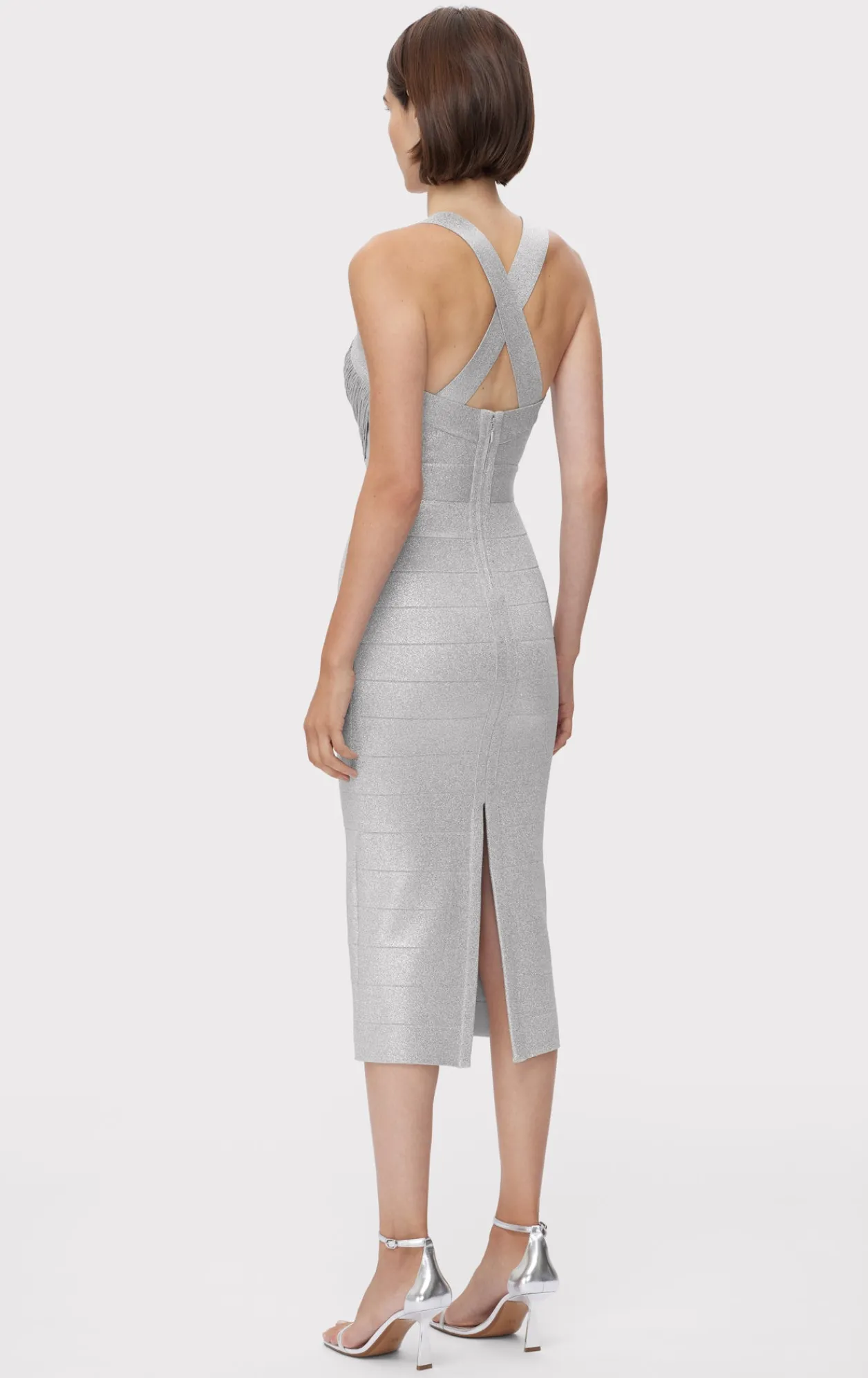 Dresses-Hervé Léger DISCO KNIT FRINGE MIDI DRESS METALLIC SILVER