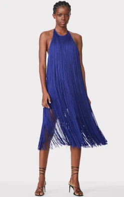 Dresses-Hervé Léger FRINGED HALTER MIDI DRESS IRIS