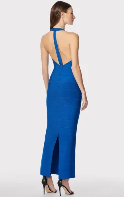 Dresses|Gowns-Hervé Léger HALTER CRYSTAL GOWN BRIGHT BLUE