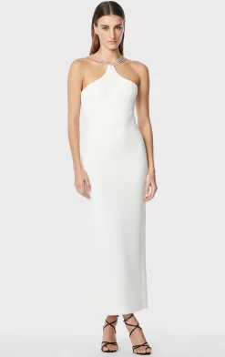 Gowns-Hervé Léger HALTER OTTOMAN GOWN W/ CRYSTAL TRIM ALABASTER