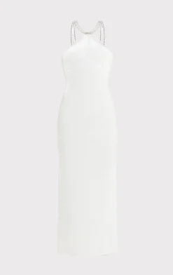 Gowns-Hervé Léger HALTER OTTOMAN GOWN W/ CRYSTAL TRIM ALABASTER