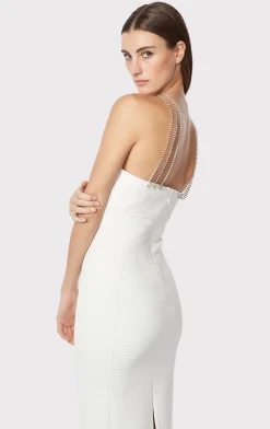 Gowns-Hervé Léger HALTER OTTOMAN GOWN W/ CRYSTAL TRIM ALABASTER