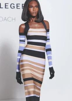 Dresses-Hervé Léger HERVÉ LÉGER X LAW ROACH STRIPED BANDAGE MIDI DRESS HONEY MULTI