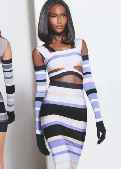 Dresses|Gowns-Hervé Léger HERVÉ LÉGER X LAW ROACH STRIPED BANDAGE CUTOUT GOWN Lavender Multi