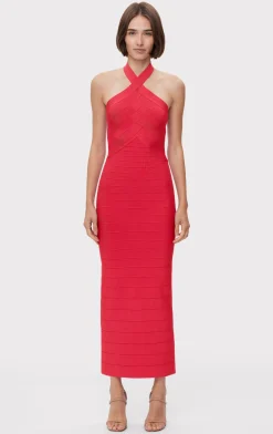 Dresses|Gowns-Hervé Léger ICON BANDAGE HALTER GOWN RIO RED