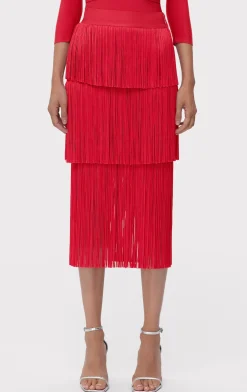 Separates|Bottoms-Hervé Léger ICON LAYERED FRINGE MIDI SKIRT RIO RED