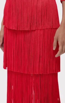 Separates|Bottoms-Hervé Léger ICON LAYERED FRINGE MIDI SKIRT RIO RED