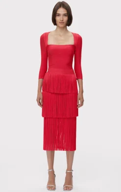 Separates|Bottoms-Hervé Léger ICON LAYERED FRINGE MIDI SKIRT RIO RED