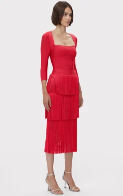 Separates|Bottoms-Hervé Léger ICON LAYERED FRINGE MIDI SKIRT RIO RED