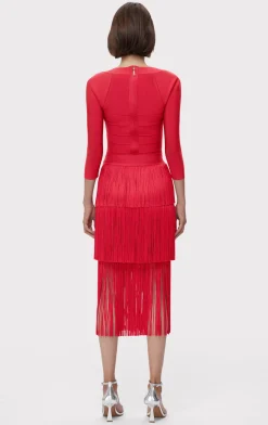 Separates|Bottoms-Hervé Léger ICON LAYERED FRINGE MIDI SKIRT RIO RED