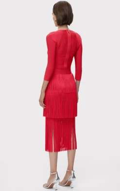 Separates|Bottoms-Hervé Léger ICON LAYERED FRINGE MIDI SKIRT RIO RED