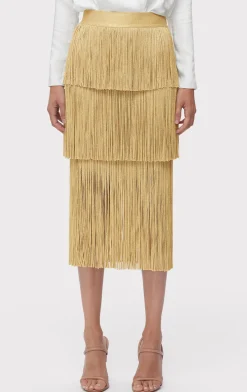 Separates|Bottoms-Hervé Léger ICON METALLIC LAYERED FRINGE MIDI SKIRT METALLIC GOLD