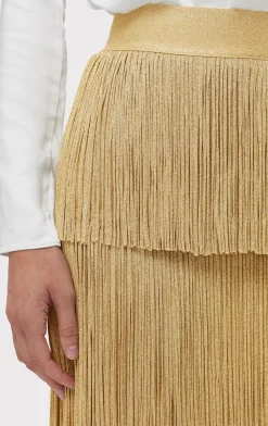 Separates|Bottoms-Hervé Léger ICON METALLIC LAYERED FRINGE MIDI SKIRT METALLIC GOLD