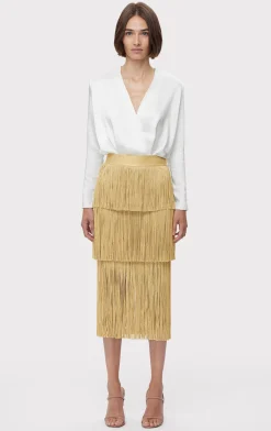 Separates|Bottoms-Hervé Léger ICON METALLIC LAYERED FRINGE MIDI SKIRT METALLIC GOLD