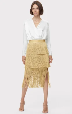 Separates|Bottoms-Hervé Léger ICON METALLIC LAYERED FRINGE MIDI SKIRT METALLIC GOLD