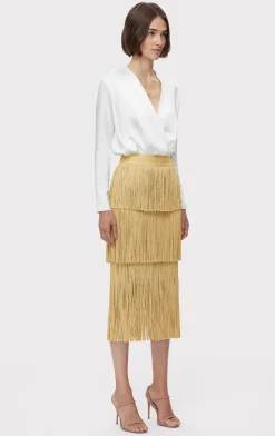 Separates|Bottoms-Hervé Léger ICON METALLIC LAYERED FRINGE MIDI SKIRT METALLIC GOLD