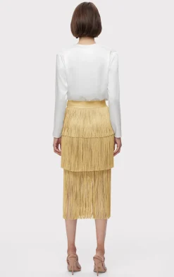 Separates|Bottoms-Hervé Léger ICON METALLIC LAYERED FRINGE MIDI SKIRT METALLIC GOLD