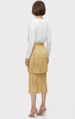 Separates|Bottoms-Hervé Léger ICON METALLIC LAYERED FRINGE MIDI SKIRT METALLIC GOLD