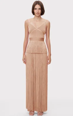 Dresses|Gowns-Hervé Léger ICON METALLIC OTTOMAN FRINGE GOWN METALLIC ROSE GOLD
