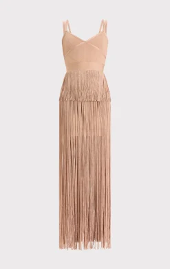 Dresses|Gowns-Hervé Léger ICON METALLIC OTTOMAN FRINGE GOWN METALLIC ROSE GOLD