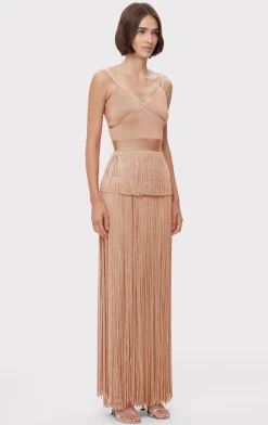 Dresses|Gowns-Hervé Léger ICON METALLIC OTTOMAN FRINGE GOWN METALLIC ROSE GOLD