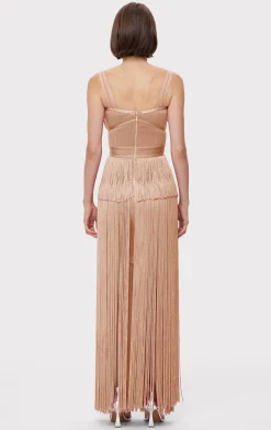 Dresses|Gowns-Hervé Léger ICON METALLIC OTTOMAN FRINGE GOWN METALLIC ROSE GOLD