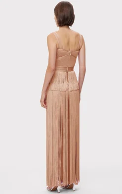Dresses|Gowns-Hervé Léger ICON METALLIC OTTOMAN FRINGE GOWN METALLIC ROSE GOLD