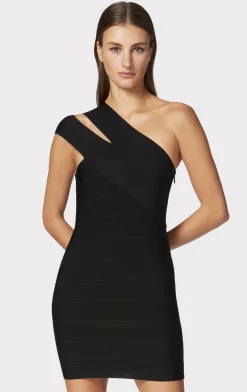 Dresses-Hervé Léger ICON ONE SHOULDER MINI DRESS BLACK