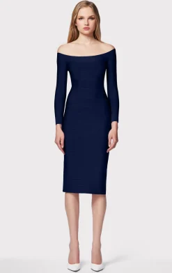 Dresses-Hervé Léger ICON SCOOP NECK MIDI DRESS CLASSIC BLUE