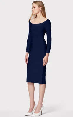 Dresses-Hervé Léger ICON SCOOP NECK MIDI DRESS CLASSIC BLUE