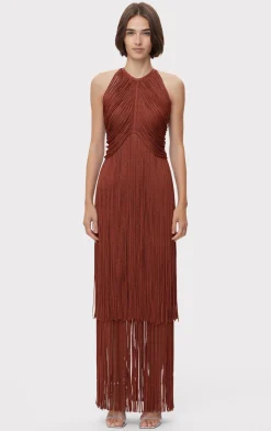Dresses|Gowns-Hervé Léger METALLIC DRAPED FRINGE HALTER GOWN METALLIC REDWOOD